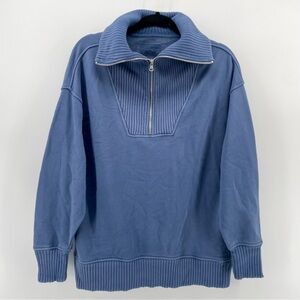 Aerie ½ Zip Pullover Sweatshirt Blue Oversized Cotton Blend XS